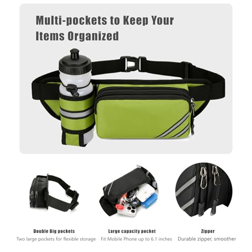 Fanny Pack with Water Bottle Holder for Men Women – Large Hiking Fanny Pack with Adjustable Strap Belt for Cycling Hiking Dog Walking Outdoor, Water Resistant Pack Green(Bottle Not Included) - color: Green