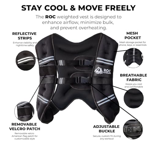 Roc Outdoors Weighted Vest W/ Rub-Free Technology for Woman and Men, 5lb/10lb/15lb/20lb/30lb Weight Vest with Reflective Stripe for Workout, Strength Training, Running, Walking, Fitness, Weight Training, Weight Loss, Weightlifting - size: 10lb