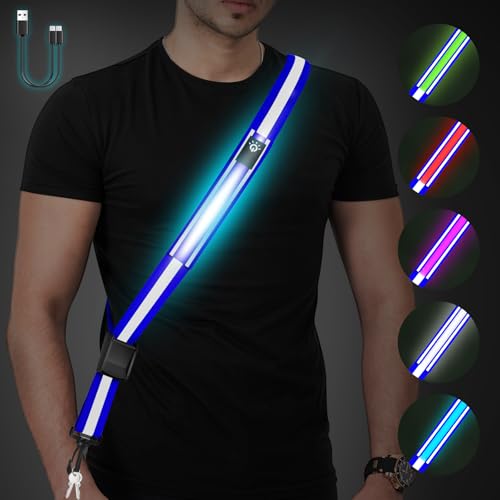 Fitense LED Reflective Belt Sash - 5 Lights Colors & 3 Light Modes High Visibility Night Safety Belt, Rechargeable Light Up Running Gear Adjustable Vest Straps for Runners Walkers Men Women - color: Blue, style: Classic