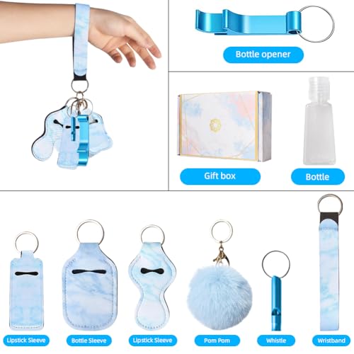 8 Piece Safety Keychain Set for Women, Blue Neoprene Wristlet Strap with Pom Pom, Whistle, Bottle Opener, Lipstick Holder, and Empty Bottle, 8-in-1 Utility for Students and Night Runners