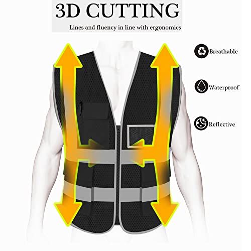 HYCOPROT High Visibility Mesh Safety Reflective Vest with Pockets and Zipper, Meets ANSI/ISEA Standards - color: Black, size: XX-Large