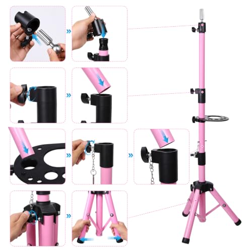 ZQIAN BEAUTY 55 Inch Heavy-duty Wig Head Stand, Adjustable Metal Mannequin Head Stand Tripod For Hairdressing Training Head, Wig Stand Tripod with Tool Tray (Pink, Mannequin Head Not Included) - color: Pink, size: 55 Inch