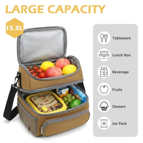 FlowFly Double Layer Cooler Insulated Lunch Bag Adult Lunch Box Large Tote Bag for Men, Women, With Adjustable Strap,Front Pocket and Dual Large Mesh Side Pockets - color: Brown