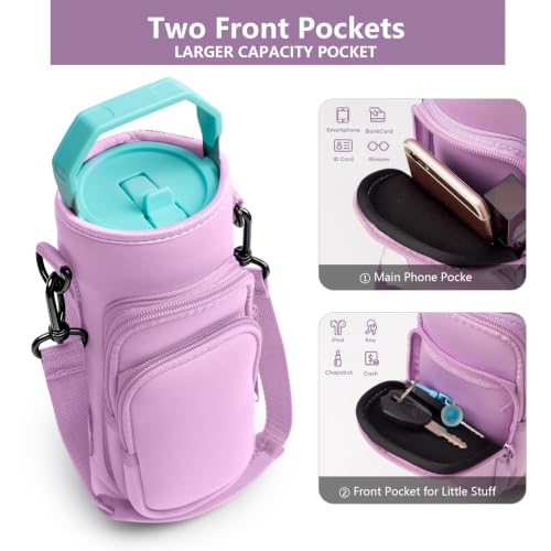 linmaya Water Bottle Carrier Bag,Water Bottle Holder with Straps Phone Pockets Fits Stanley IceFlow Owala 16/24/32/40oz Tumbler - color: Purple, size: 16-40 Oz wihtout Handle