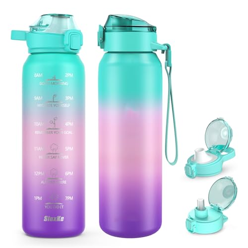 SLUXKE 17oz Insulated Water Bottle with handle BPA Free, 316 Stainless Steel Water Bottles 500ml with Time Marker Double Walled, Metal Water Flask Jug for Hiking, Biking, Running, Three Colors - color: GREEN PINK PURPLE, size: 17 Ounces