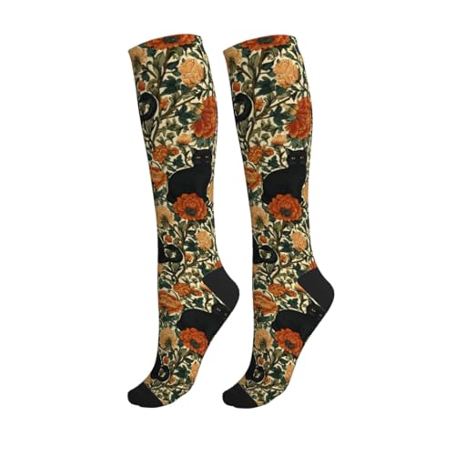 Cute Compression Socks Knee High Support Stockings Women Men - color: Black Cat Orange Flower