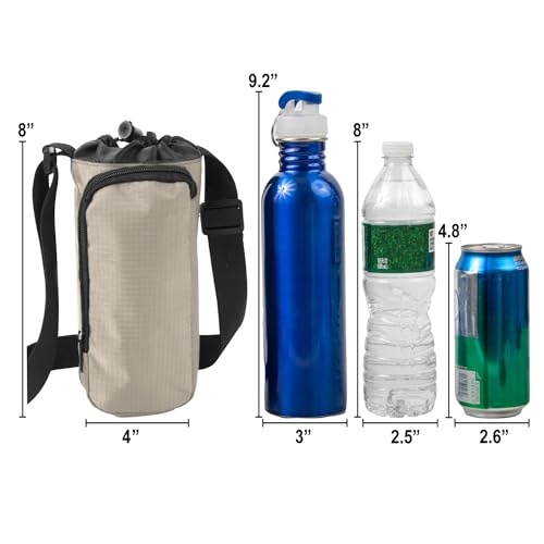 Trail maker Water Bottle Carrier Bag with Strap, Phone Pocket for Walking, Runs, Bike, Stainless Steel, Glass, Plastic - color: Khaki