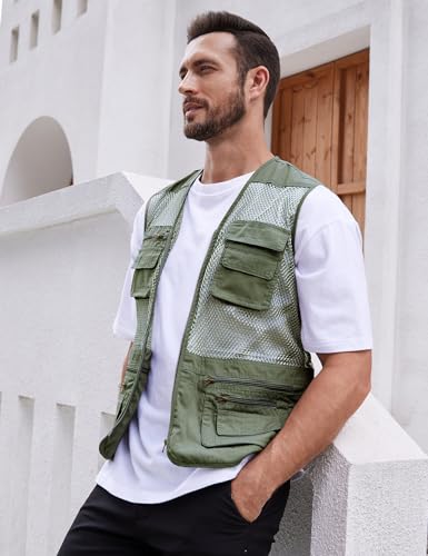 Gihuo Men's Utility Vest Fishing Safari Vest Summer Travel Vest with Pockets - color: Green, size: Small