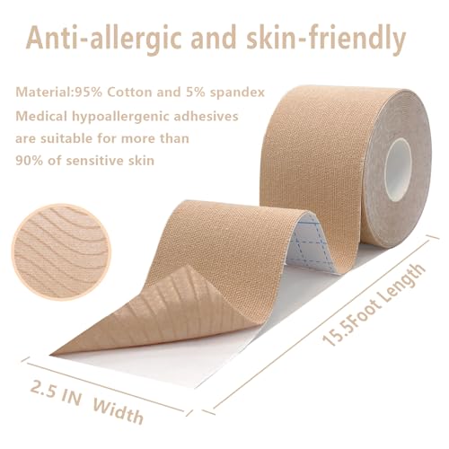 SOON GO Kinesiology Tape, 2 ih x 16.4 ft Uncut athletic tape, Waterproof Breathable Latex-Free, Muscle Recovery & Joint Support, Beige (1/2/5 Rolls) - color: Beige, size: 1 Count (Pack of 1)