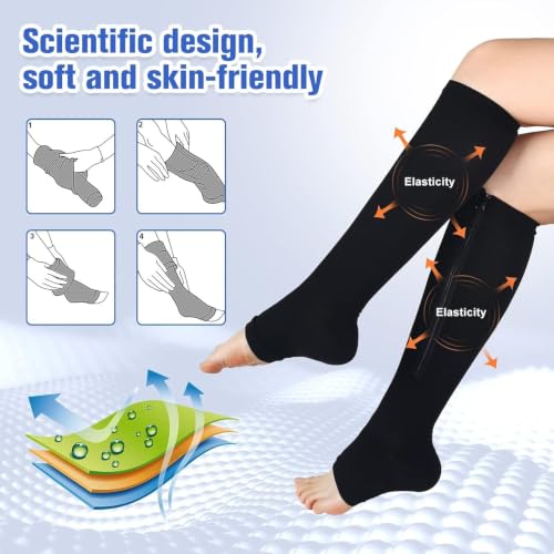 bropite Zipper Compression Socks Women & Men |15-20mmHg open Toe knee high - color: C-black/Nude, size: Small-Medium