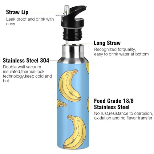 OTVEE Banana Water Bottle Sports Water Bottle Insulated Stainless Steel Hot Cold Water Mug with Straw Lid & Handle for Sports Gym 20 oz - color: Banana