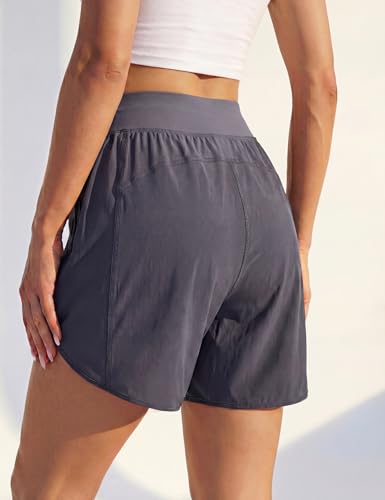 BMJL Women's Athletic Shorts 5" Inseam, High Waist Tummy Control Running Shorts with 2 Zipper Pockets, Lightweight Dolphin Hem Workout Shorts(Large,Dark Grey)