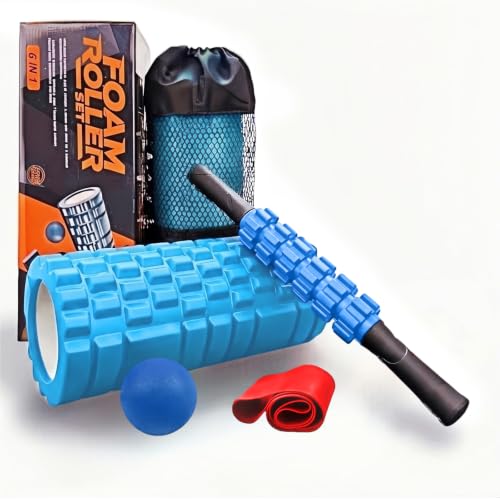 Aucuu 6 in 1 Foam Roller Set Includes Hollow Core Massage Roller, Yoga Stick, Massage Ball, Fitness Stretching Strap, Massage Roller, Carrying Bag, Towel (Blue) - color: Blue