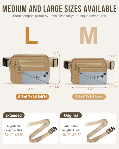 Capolo Fanny Packs for Women 4 Zip Pocket Crossbody Belt Bag Waist Bags - color: Khaki, size: Large