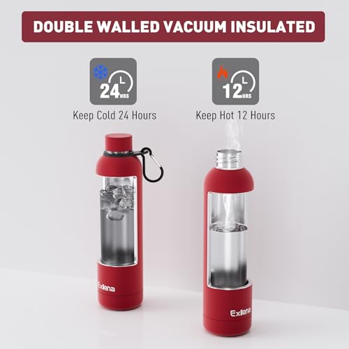 Exllena Slim Insulated Water Bottles for Travel 32oz with Clip, Double Wall Vacuum Stainless Steel Water Bottle Keeps Drinks Cold 24 Hrs/Hot 12 Hrs, 100% Leakproof, BPA Free（Red） - color: Red, size: 1 L