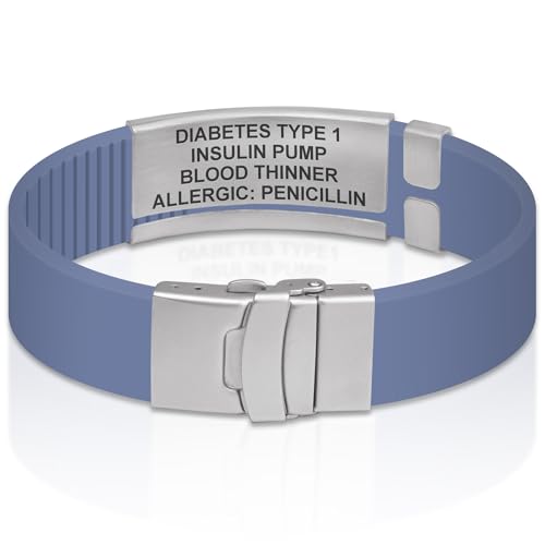 Divoti Custom Dual-Sided Engraved Silicone Medical Alert ID Wristband w/Security Clasp & Trim-to-Fit Band - Style - color: Carmella Blue / Brushed Stainless Silver / Black, size: Band Width - 19mm