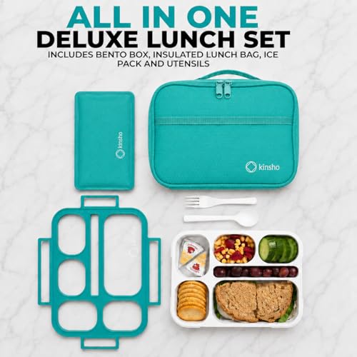 kinsho Bento Lunch Box, Ice Pack Insulated Bag for Kids, Boys, Girls, Teal - color: Teal