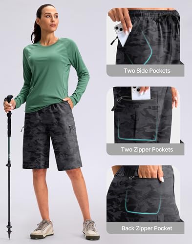 Viodia 13'' Women's Hiking Cargo Shorts Knee Length with Zipper Pockets - color: Black Camo, size: 3X-Large