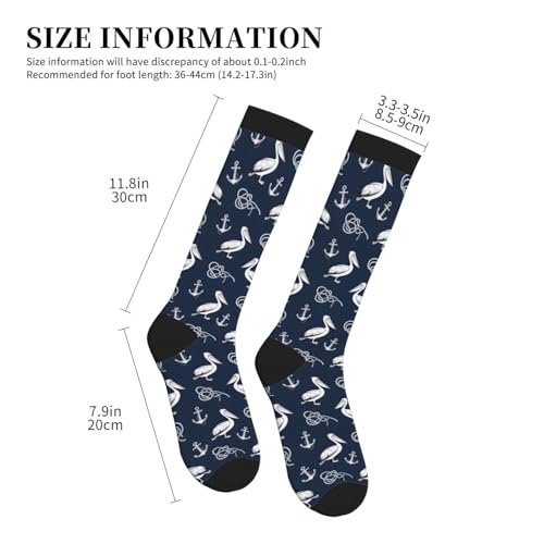 Patterned Knee High Socks for Women Men Athletic Running Travel Work - color: Coastal Nautical Pelican Anchor