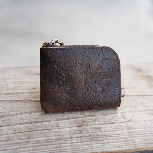 JJNUSA Genuine Leather Zipper Coin Purse Wallet With Key Car Smart Holder, Change Purse, Coin Pouch Holder For Men (flowerdarkbrown) - color: flowerdarkbrown