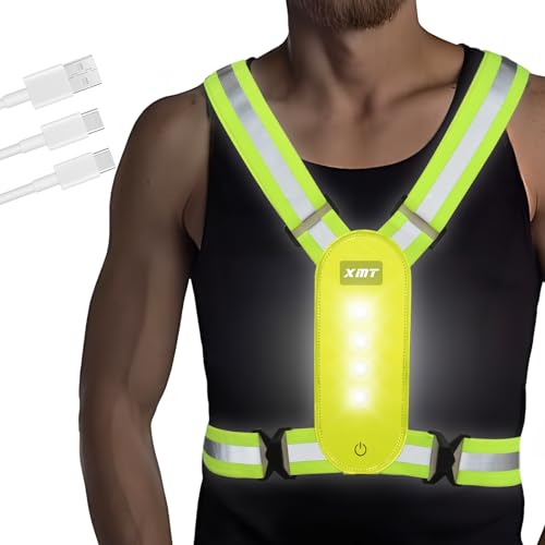XMT LED Running Vest, High Visibility Rechargeable Adjustable Led Vest with Adjustable Waist and Shoulder, Reflective Cycling Gear Yellow
