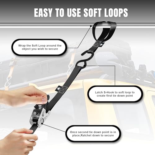 Jack Boss Ratchet Tie Down Straps Set,1500 lbs Break Strength, 1" x 15' Heavy Duty Ratchet Straps with 4X Soft Loops Padded Handles Coated S Hook, Fits for Moving Appliances Motorcycle ATV Truck,Black - color: Black-4pcs