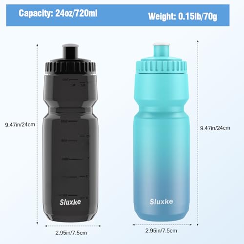 SLUXKE 24oz Cycling Water Bottle 2Pack, 720ml Sports Squeeze Bicycle Bottle BPA Free, Lightweight Fits Most Bike Cages - color: Blue Blue & Black, size: 24 Ounces