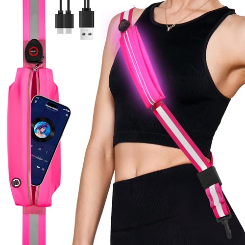 Fitense LED Reflective Belt Sash - 5 Lights Colors & 3 Light Modes High Visibility Night Safety Belt, Rechargeable Light Up Running Gear Adjustable Vest Straps for Runners Walkers Men Women - color: Pink, style: Pouch
