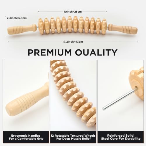 Wooden Cellulite Massage Roller for Legs and Thighs - Handheld Fascia Blaster Tool for Muscle Relief, Lymphatic Drainage & Body Sculpting - Anti Cellulite Massager for Women and Men - 12 Wheel - color: Wooden White