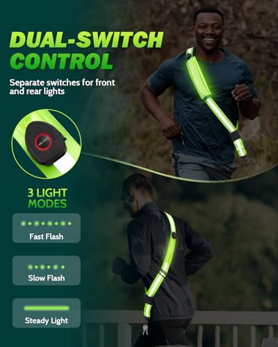 Fitense LED Reflective Belt Sash - 5 Lights Colors & 3 Light Modes High Visibility Night Safety Belt, Rechargeable Light Up Running Gear Adjustable Vest Straps for Runners Walkers Men Women - color: Green, style: Pouch
