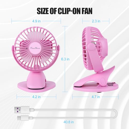 PureHome Portable Clip Fan Battery Operated,3 Speeds USB Rechargeable Mini Table Fan with Strong Airflow,360°Rotation Ultra Quiet Personal Desk Fan for Home Office Bedroom Dorm Stroller Camping- Pink - color: Pink