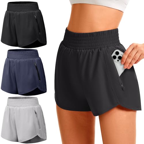 TVKSOM Womens Athletic Shorts High Waisted with Liner 2 Zipper Pockets - color: 3pack Black, Navy,light Grey, size: X-Large