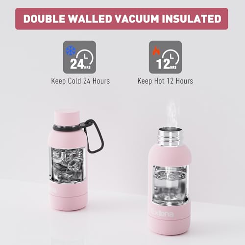 Exllena Small Water Bottle 12oz with Clip, Double Wall Stainless Steel Vacuum Small Insulated Water Bottle Keeps Drinks Cold 24 Hrs/Hot 12 Hrs for Kids Handbag School BPA Free (Pink) - color: Pink, size: 350 ml
