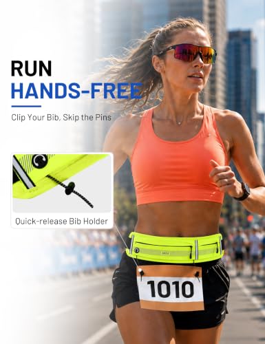 MIER Running Belt for Women & Men, Fanny Pack with Marathon Bib Clip, Neon - color: Neon Yellow