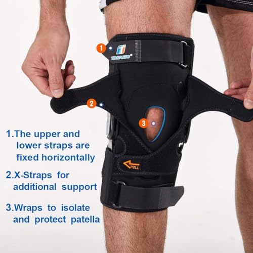 T TIMTAKBO Hinged Knee Brace for Men Women W/Removable Side Stabilizers(S) - size: S fit Upper 14-18"/Lower 12-14"