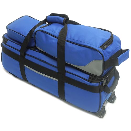 Pyramid Path Triple Tote Roller Plus Bowling Bag with Detachable Shoe Bag (Fits US Mens Size 15), Accessory and Side Pocket, Lightweight Travel Design - color: Silver/Royal Blue
