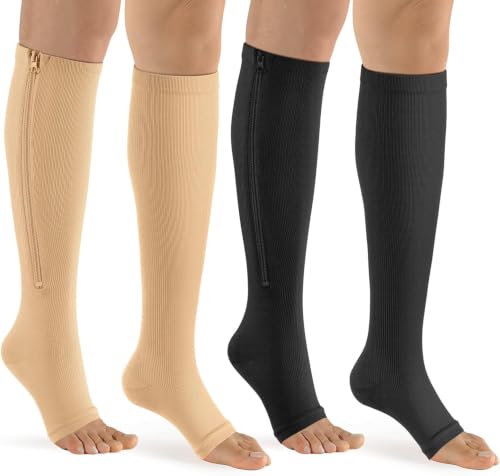 bropite Zipper Compression Socks Women & Men |15-20mmHg open Toe knee high - color: C-black/Nude, size: Small-Medium
