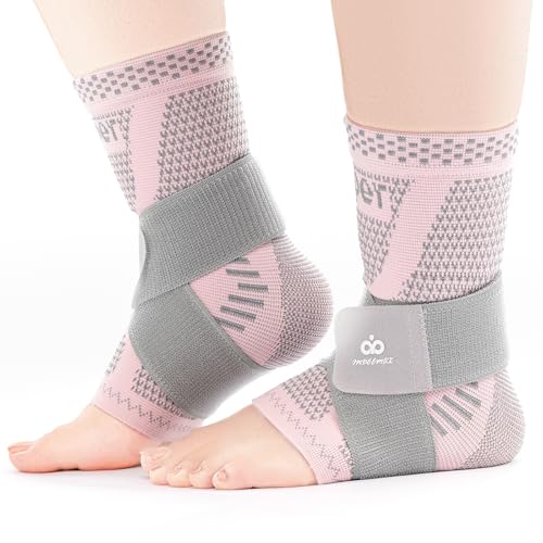 INDEEMAX Ankle Brace for Sprained Ankle Compression Sleeve, 2 Pack Copper Infused Ankle Support Brace for Women & Men, Plantar Fasciitis Relief Achilles Tendonitis, Sports Running, Pink Silver, L - color: Pink Silver 2 Pack, size: Large