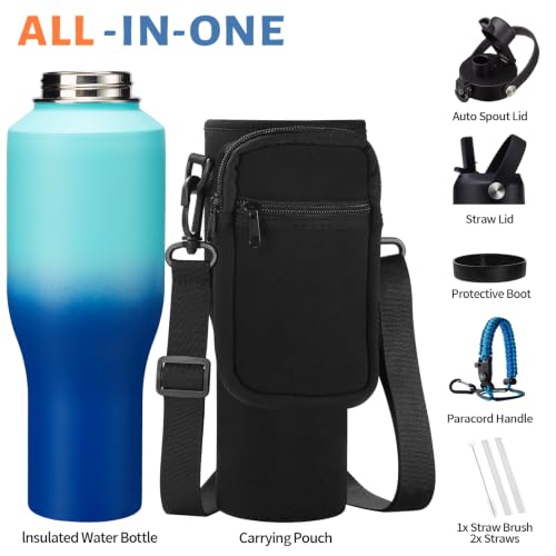 40 oz Insulated Water Bottle with Flip Straw & Auto Spout Lid for Camping - color: Caribbean Blue, size: 40 Ounces