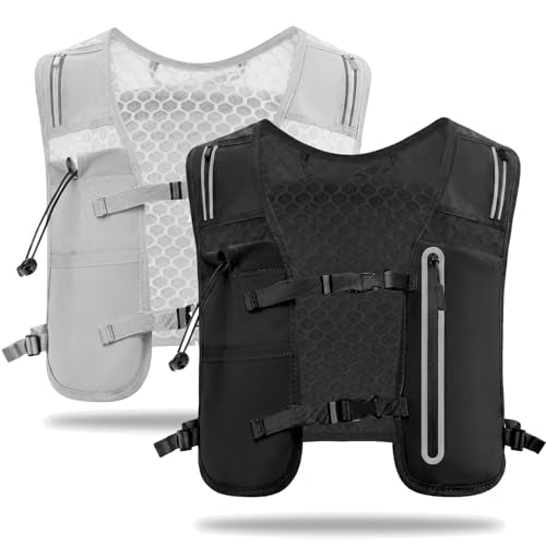 2 Pcs Running Vest for Women Men, Reflective Running Vest with Adjustable Waistband & Phone Pocket, Outdoor Pack Lightweight Breathable Backpack for Marathon Hiking - color: Black, Gray