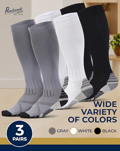 Pembrook 3 Pairs Compression Socks 20-30 mmHg - Compression Socks for Women and Men | Running, Athletic, Travel, Nurses - color: Black/White/Gray - 3 Pairs, size: Large