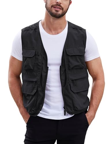 Gihuo Mens Fishing vest for Safari Utility Cargo with Pockets - color: Black, size: Medium