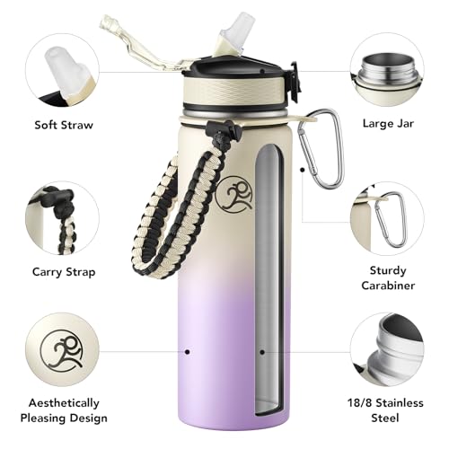 GOSWAG 24oz Insulated Stainless Steel Travel Water Bottle, 2 Lids - color: Beige-Purple Ombré