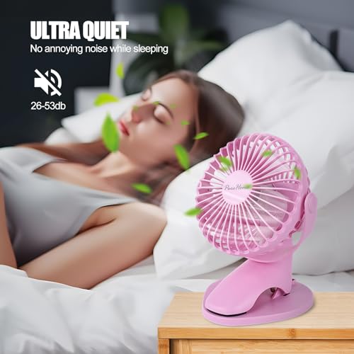 PureHome Portable Clip Fan Battery Operated,3 Speeds USB Rechargeable Mini Table Fan with Strong Airflow,360°Rotation Ultra Quiet Personal Desk Fan for Home Office Bedroom Dorm Stroller Camping- Pink - color: Pink