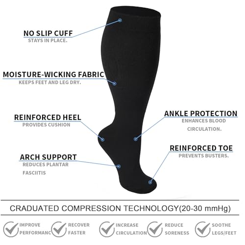 4 Pairs Wide Calf Compression Socks for Women Men 20-30 mmHg Knee High