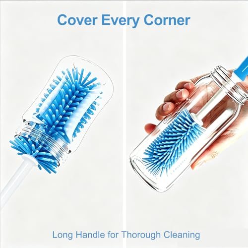 Bottle Brush Set 3-in-1, Including Long Handle Silicone Bottle Brush, Detail Cleaner, Straw Brush, Non Scratch Cleaning Brushes for Water Bottles, Tumblers and Glass (Blue) - color: Blue