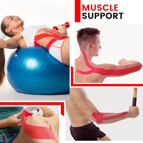 5 Rolls Red Kinesiology Tape, 2 inch x 16.4 Feet Kinetic Tape - color: Red
