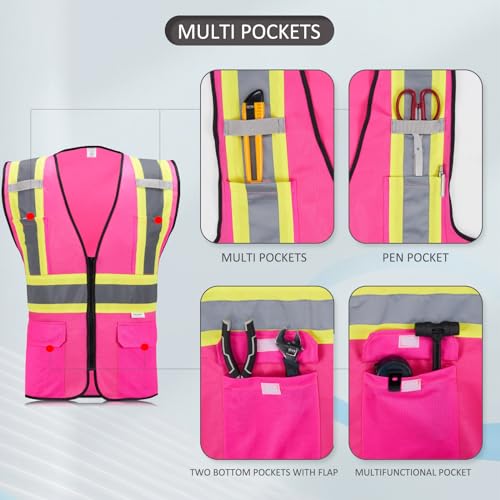 High Visibility Reflective Safety Vest with Zipper and Pockets Pink,L - color: Pink, size: Large