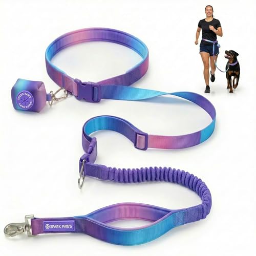 Spark Paws Hands Free Dog Leash - Bungee Waist Belt for Running & Walking - color: 90s Retro