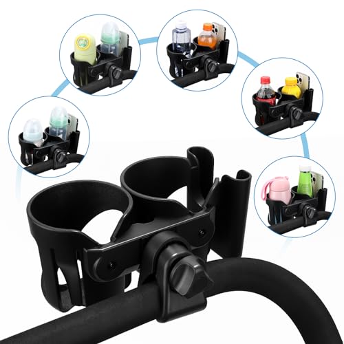 Accmor Stroller Cup Holder, Universal Cup Holder for Walker Wheelchair Bike Scooter, 360° Rotatable Stroller Cup Holder Attachment Walker Wheelchair Accessory - color: Double Cup Phone Holder-Black